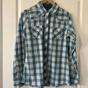 Kuhl Womens Mountain Culture Long Sleeve Shirt Blue Plaid Hiking Hike Sz Medium